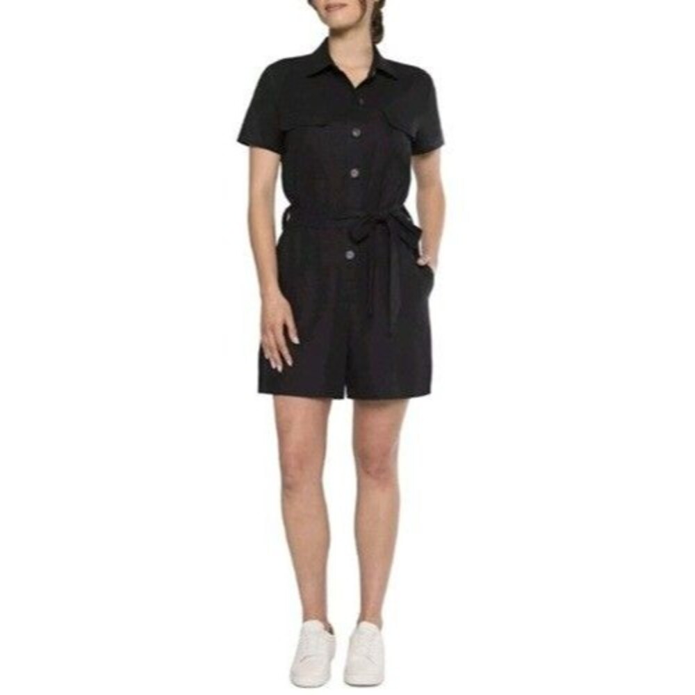 Matty M Women's Large Black Linen Blend Button Front Romper NWT